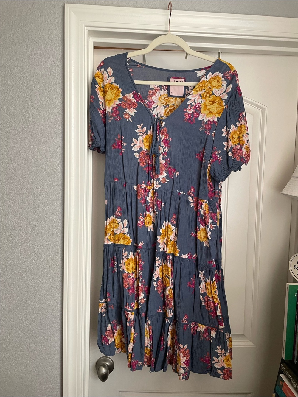 Kohs SO Blue Floral Tiered Midi Dress with Mustard & Pink Flowers